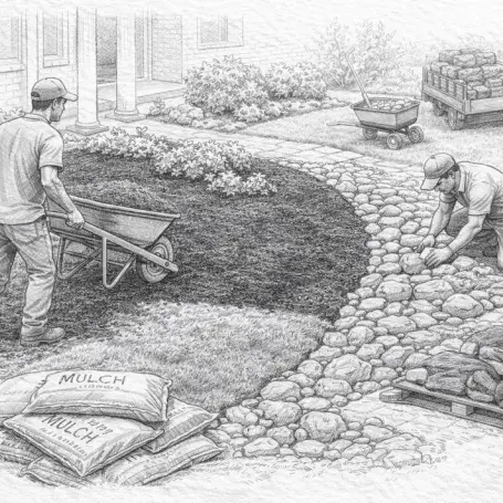 Mulch and stone installation in progress